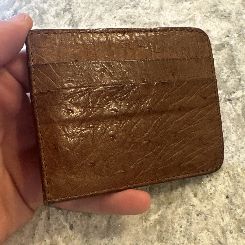 Genuine Brown Ostrich Leather Money Clip Wallet With Credit Card Slots EDC Thin